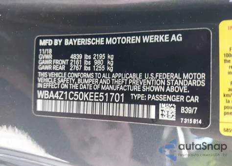 2019 BMW 430I from USA, damaged, VIN WBA4Z1C50KEE51701